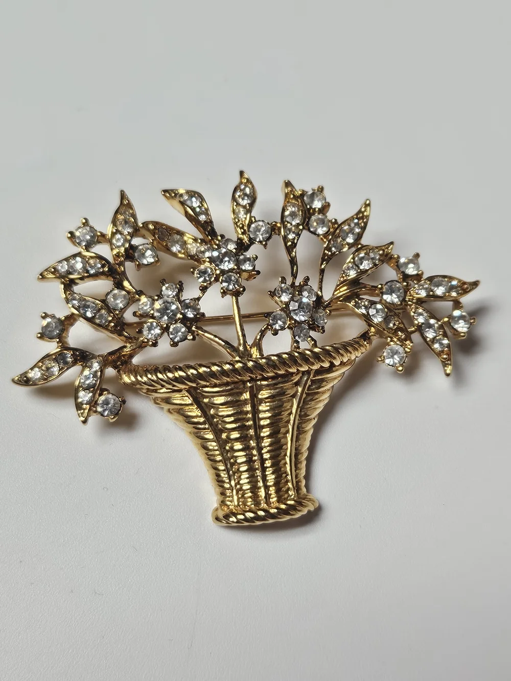 Gold Basket Floral Brooch with Clear Crystals